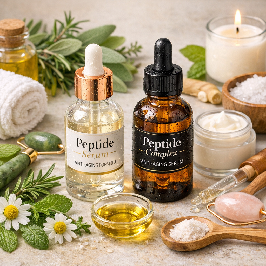bottles of best anti-aging peptides on a wooden table